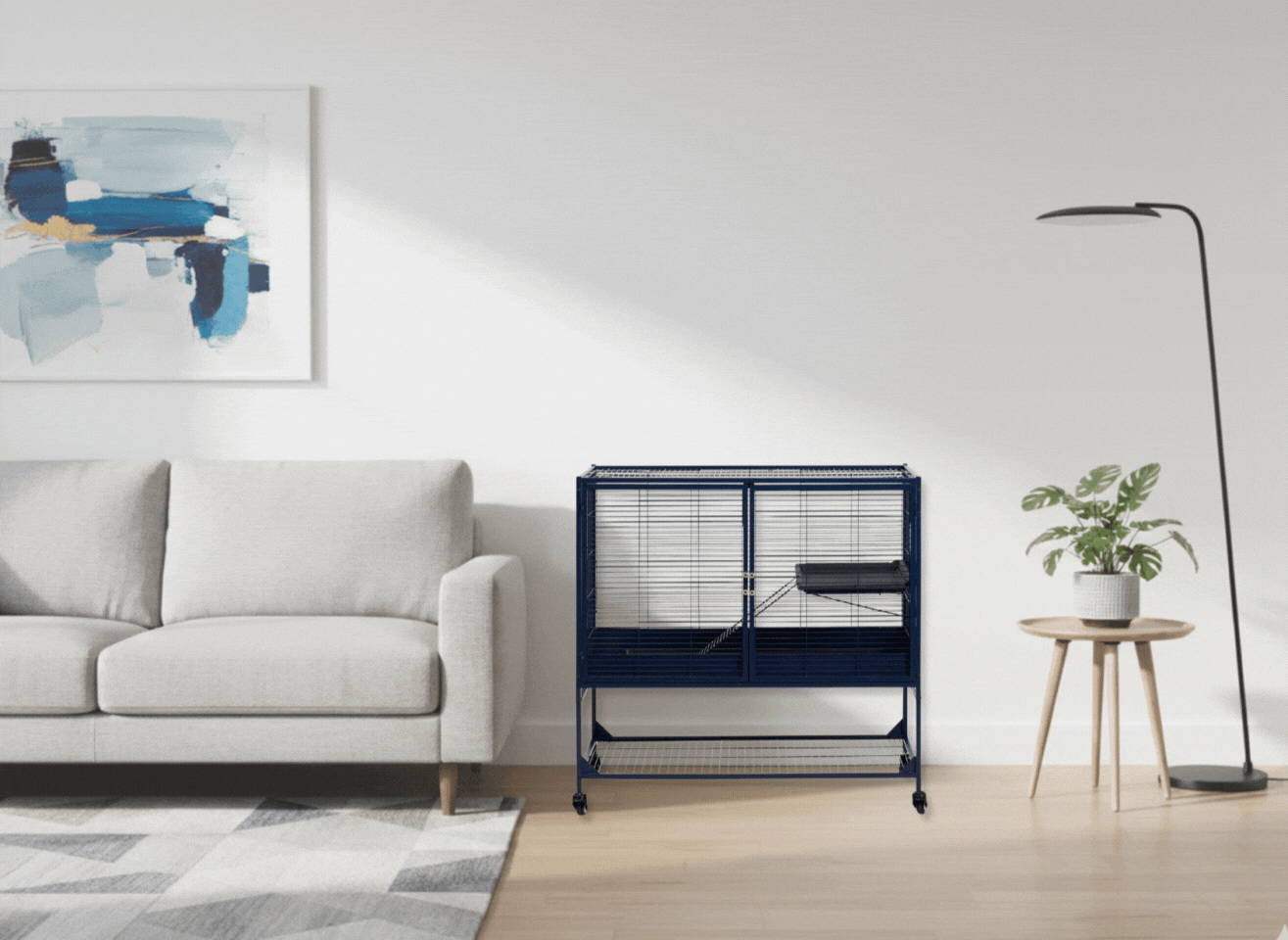 GIF showing Royal Suite 100 cage setup with one and two add-on units in modern living room.