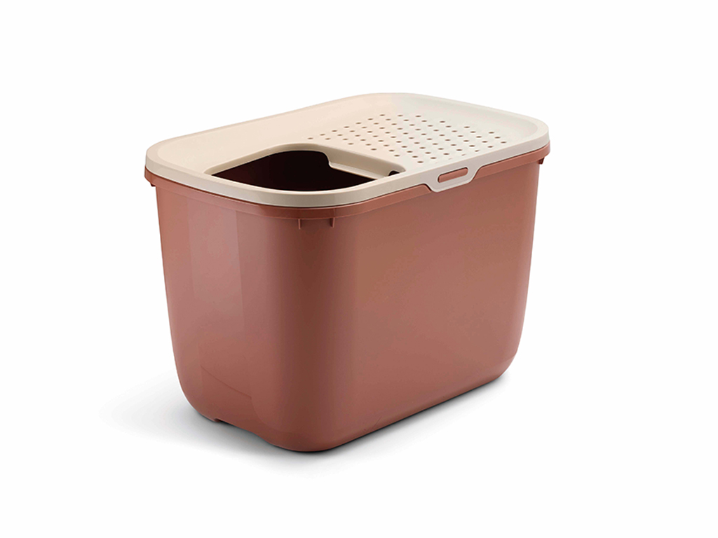 Tuscan red and champagne pink Hop In top-entry litter tray with raised sides, a perforated lid to reduce litter tracking, and a spacious top opening for easy access.