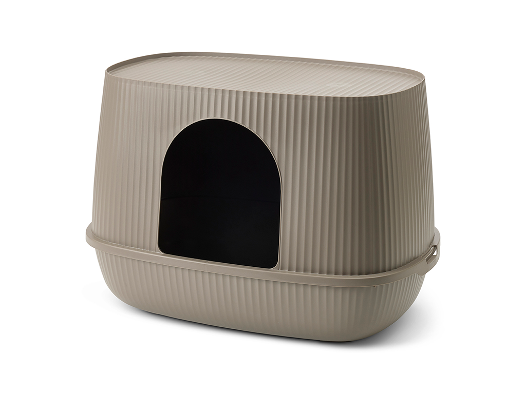 Savic Moona warm grey hooded cat litter box with rounded shape, ribbed surface and front door opening.