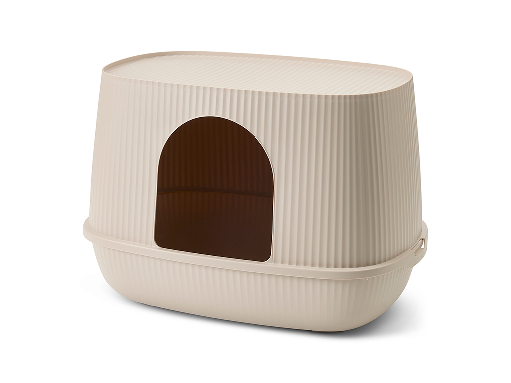 Savic Moona hooded cat litter box in mocha with rounded shape, ribbed surface and front door opening.