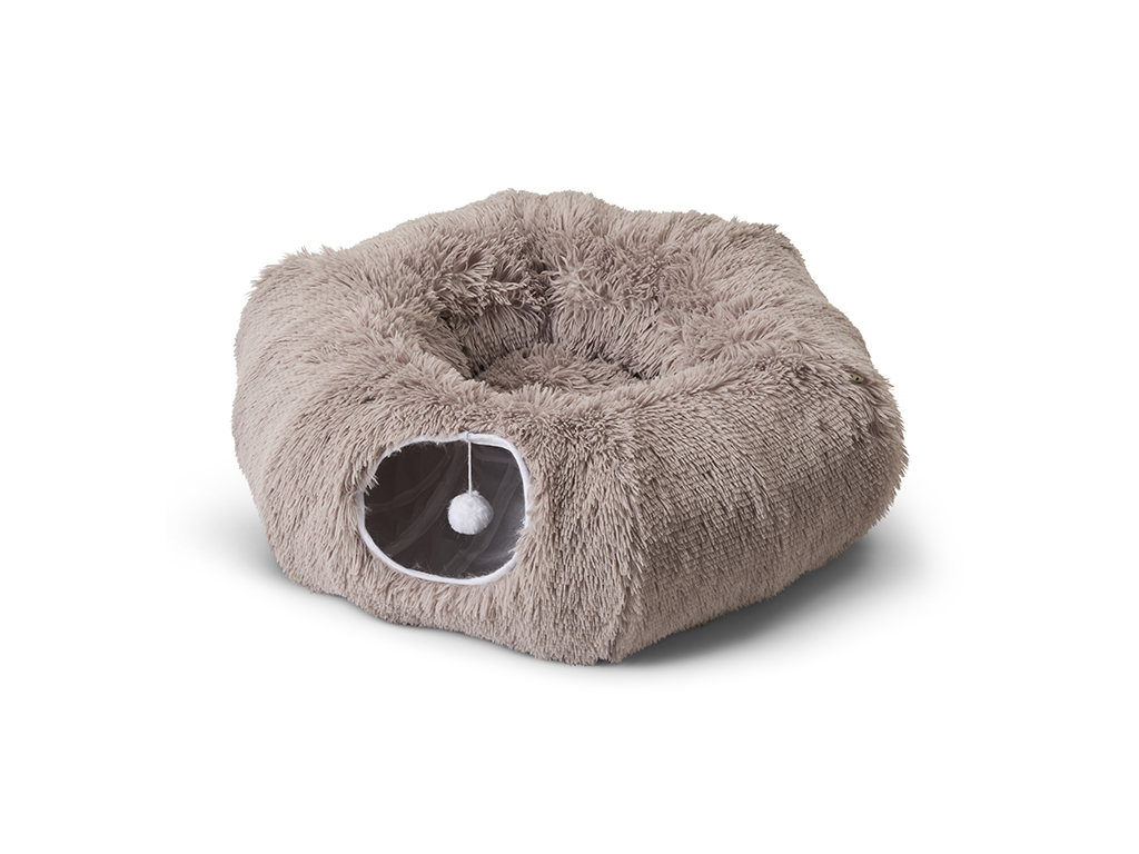 Savic Snuggle Tunnel Warm Grey, shown in donut shape with cushion and two entrances