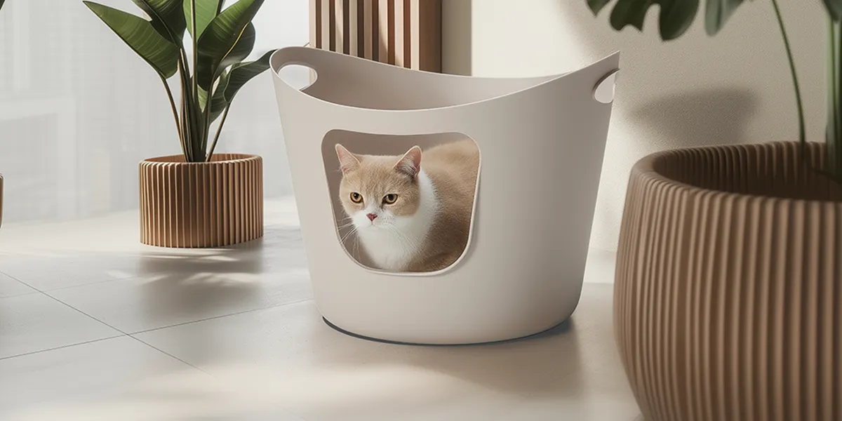 Mocha Flex-a-loo litter tray with high sides and low entry, shown in a home setting