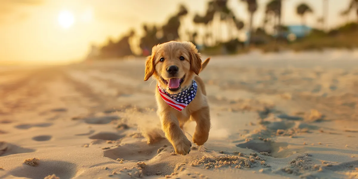 Golden Retriever Puppy running on the beach in sunny Florida