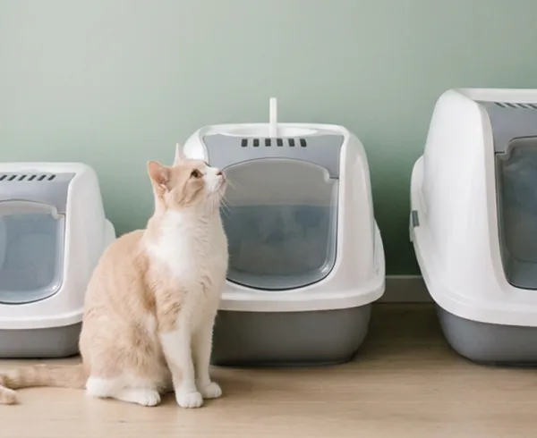 Three white and grey Nestor cat litter boxes in three sizes against a sage green wall, with a cream cat looking up