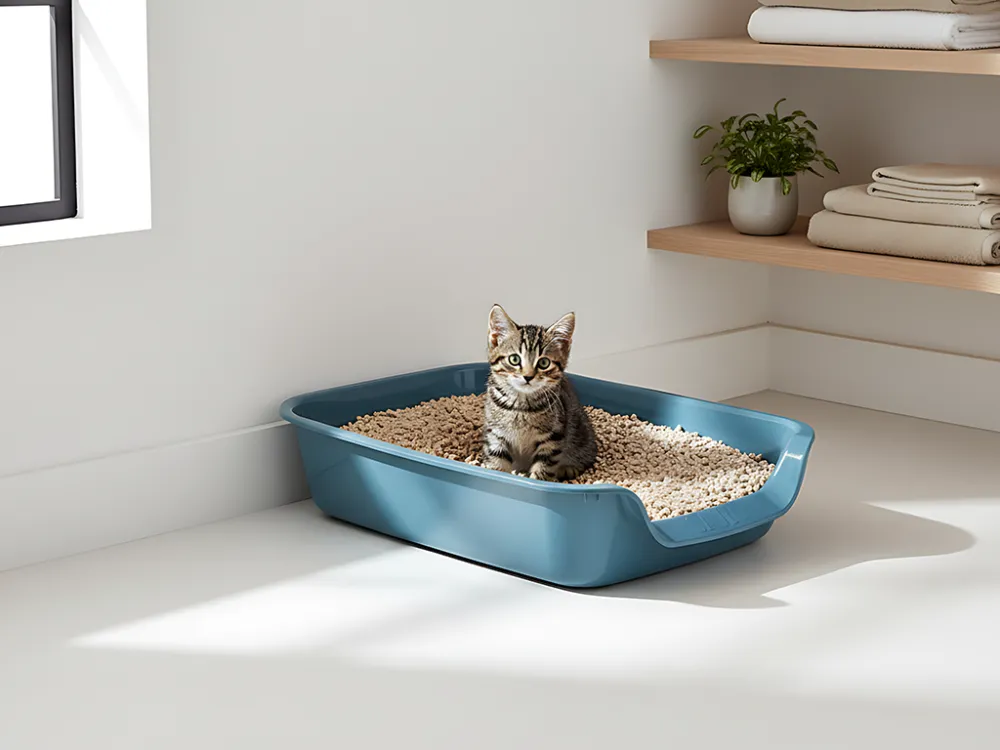 Kitten sitting in bluestone open litter tray in laundry room