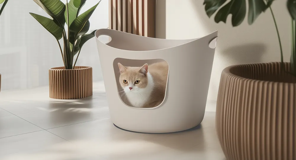 Open flexilble litter tray Flex-a-loo with cat in living room