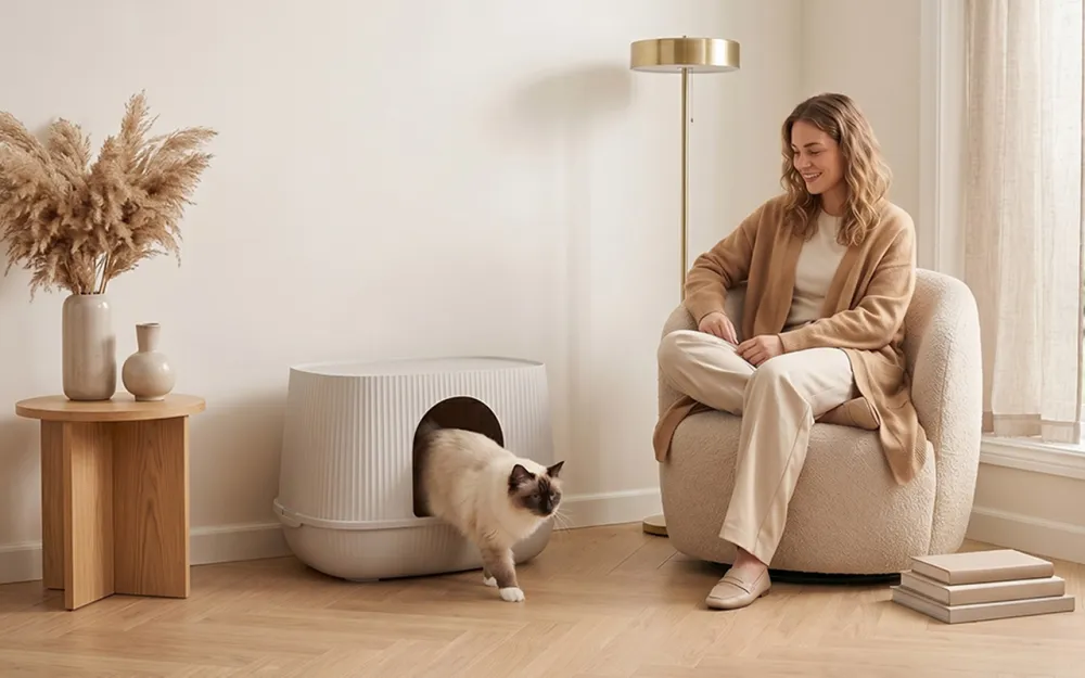 Cat leaving the Savic Moona warm grey litter box while its owner sits nearby in a living room. (