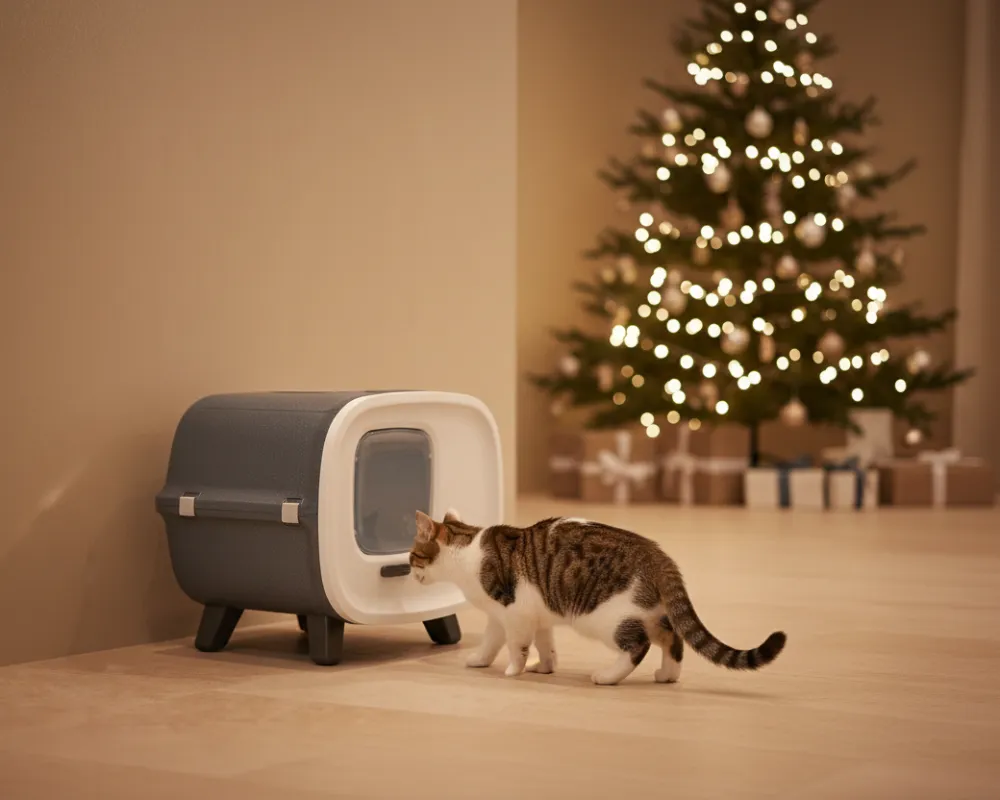 Cat sniffing a grey Mira cat litter box in a cosy living room with a Christmas tree and presents in the background.