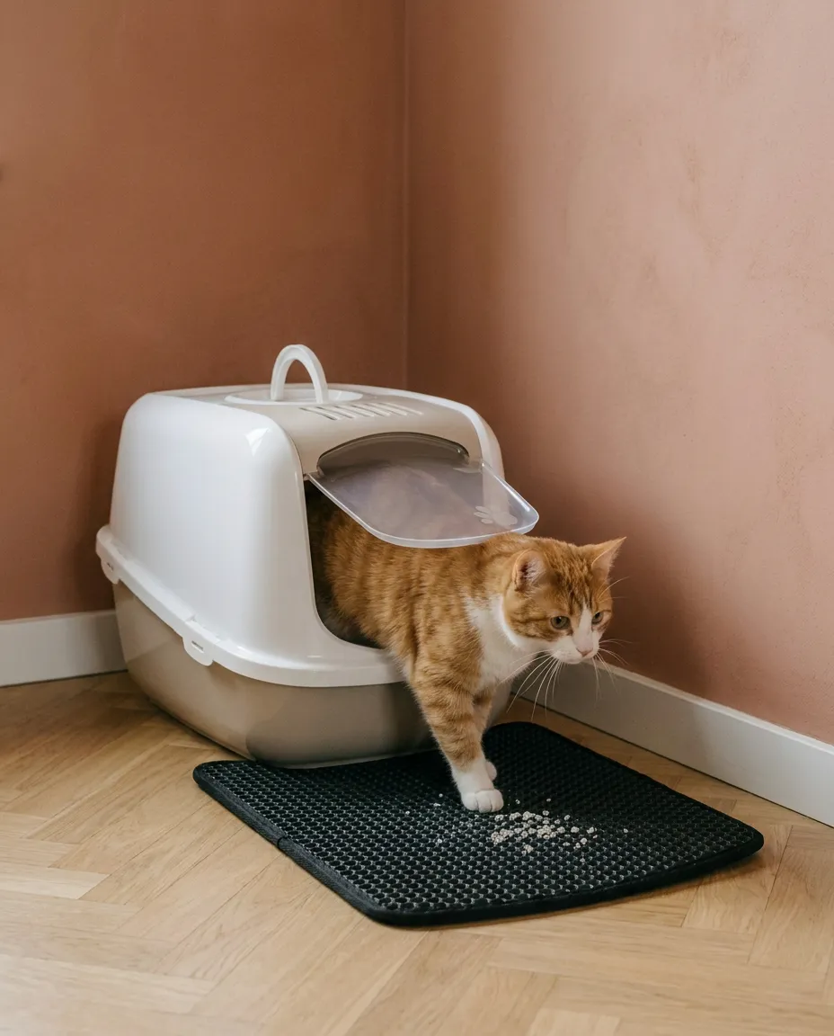A ginger cat steps out of a mocha and white litter box onto a black litter mat with loose grains on it