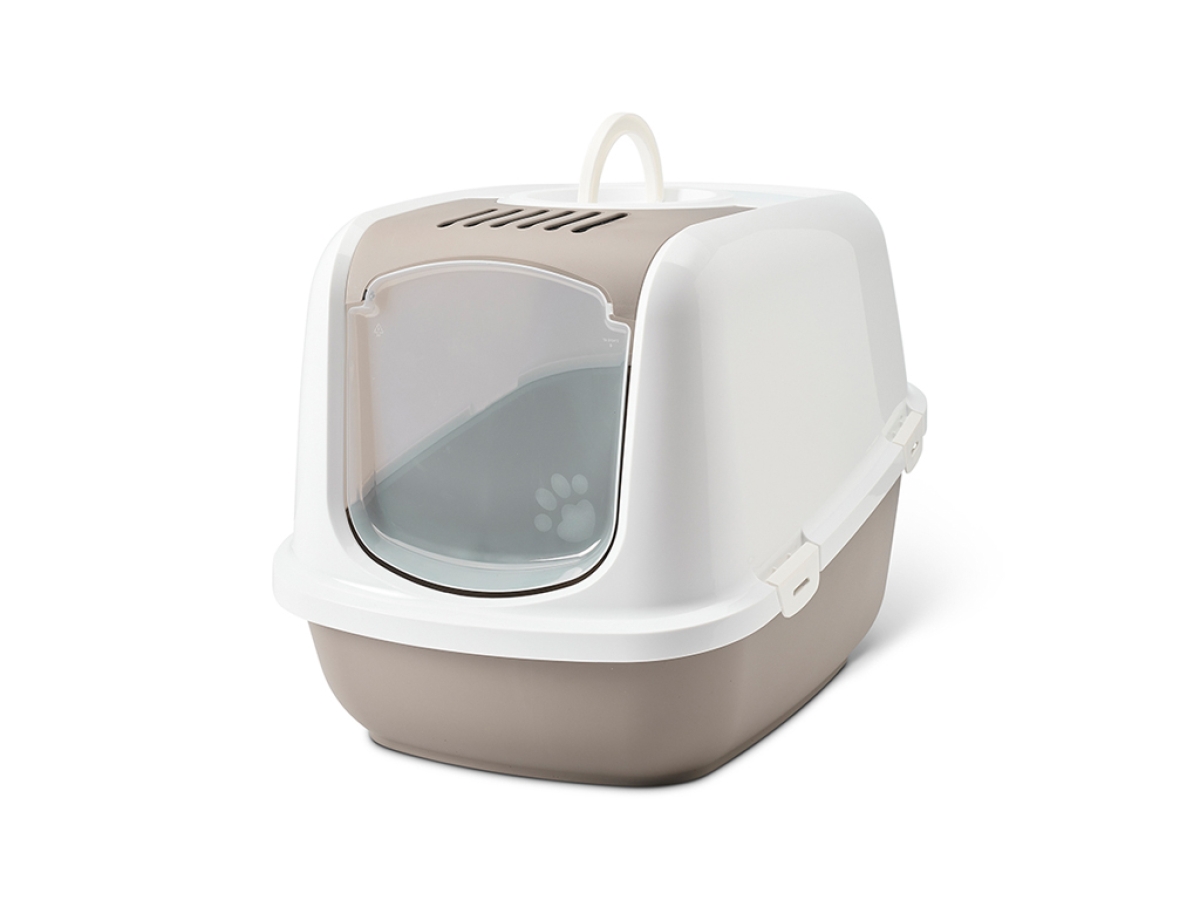 Savic Nestor Jumbo Warm Grey large hooded cat litter box 66.5 x 48.5 x 46.5 cm folding front swing door white hood warm grey tray.
