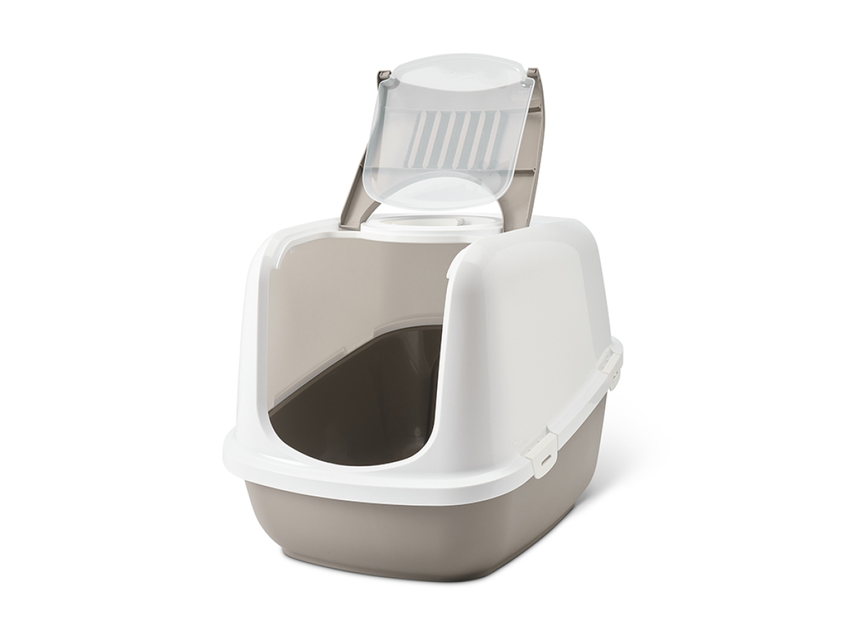 Savic Nestor Jumbo Warm Grey large hooded cat litter box 66.5 x 48.5 x 46.5 cm folding front swing door white hood warm grey tray.