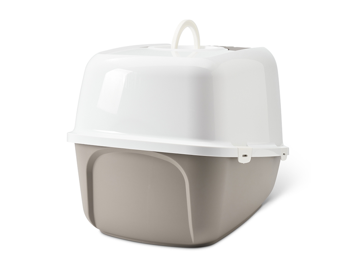 Savic Nestor Jumbo Warm Grey large hooded cat litter box 66.5 x 48.5 x 46.5 cm folding front swing door white hood warm grey tray.