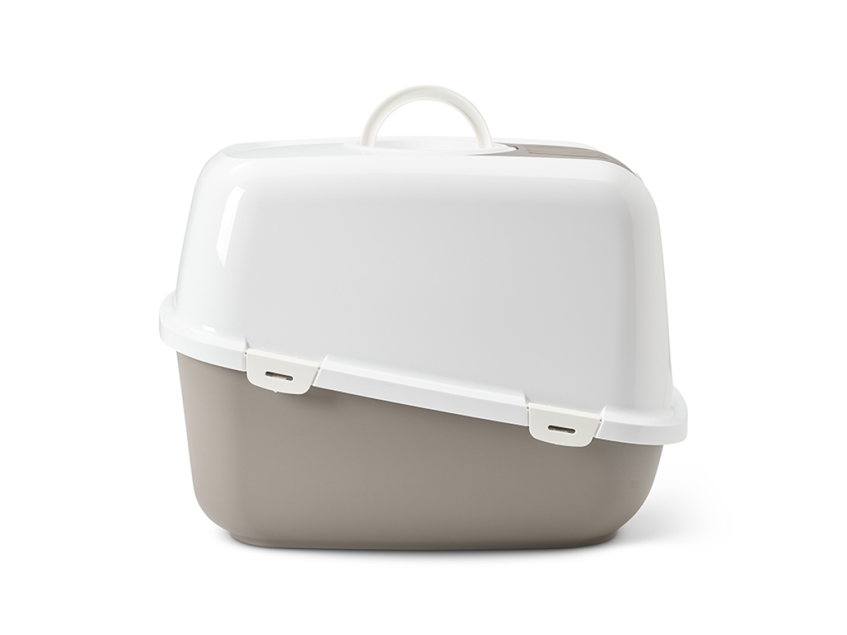 Savic Nestor Jumbo Warm Grey large hooded cat litter box 66.5 x 48.5 x 46.5 cm folding front swing door white hood warm grey tray.