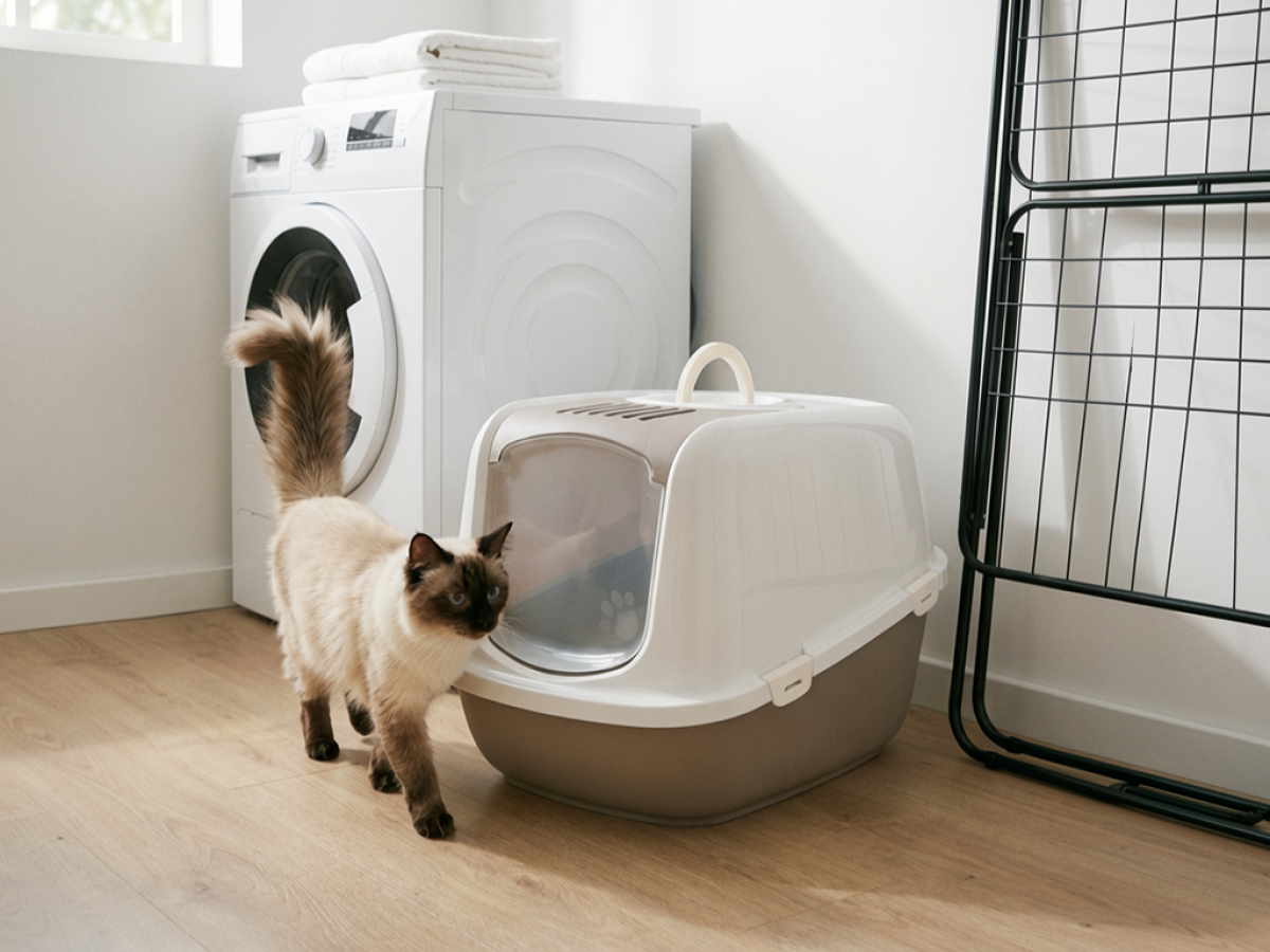Savic Nestor Jumbo Warm Grey large hooded cat litter box 66.5 x 48.5 x 46.5 cm folding front swing door white hood warm grey tray.