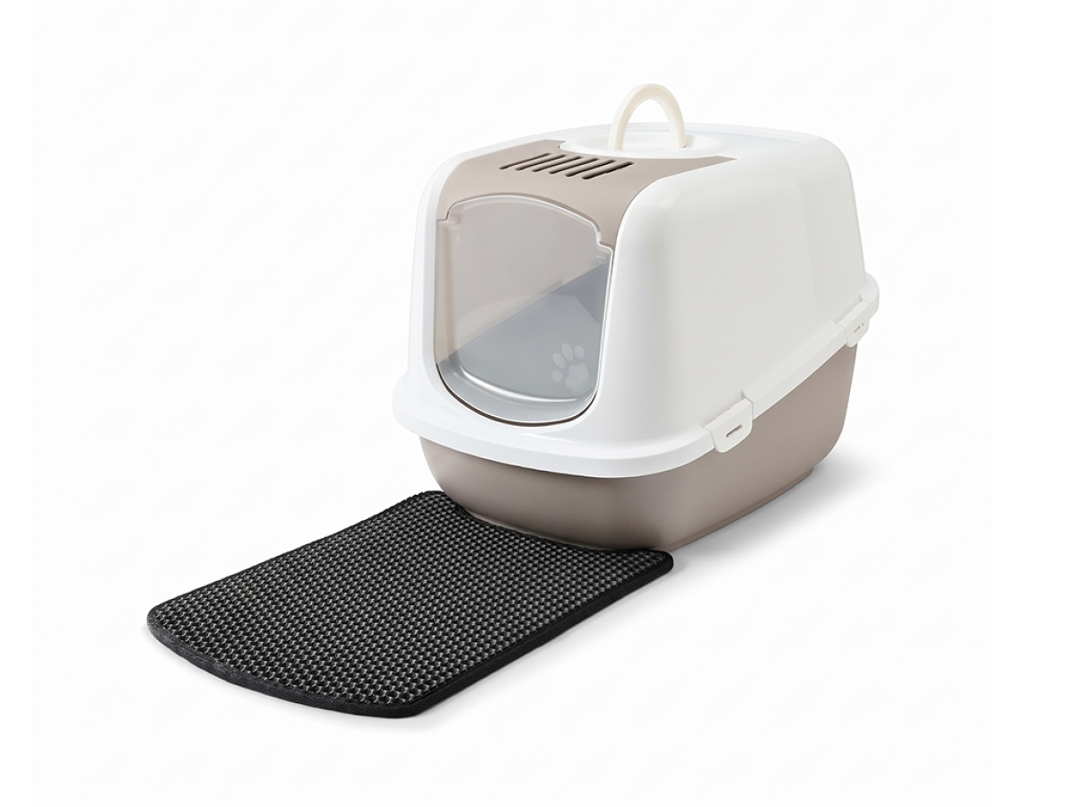 Savic Nestor Jumbo Warm Grey large hooded cat litter box 66.5 x 48.5 x 46.5 cm folding front swing door white hood warm grey tray.