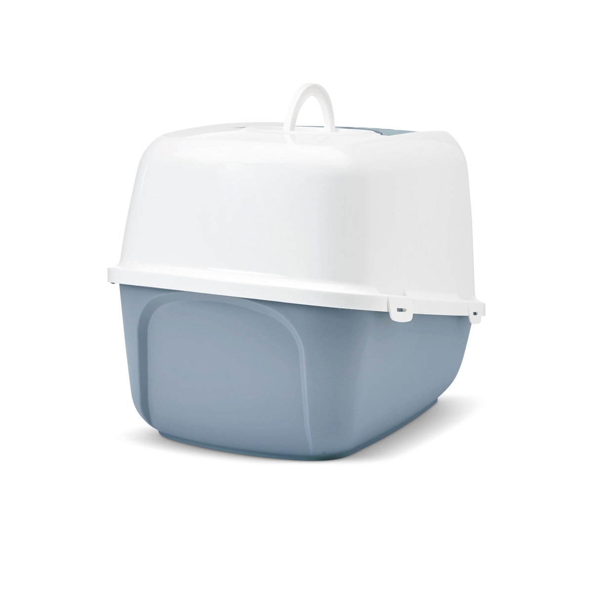 Savic Nestor Jumbo Bluestone large folding front cat litter box with white hood and carbon filter, back view