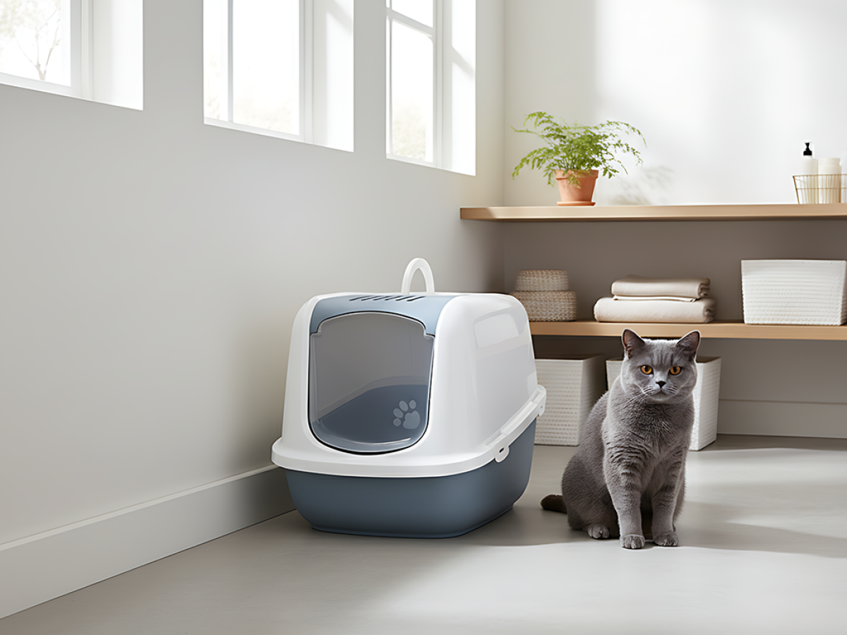 Savic Nestor Jumbo Bluestone large folding front cat litter box with white hood and carbon filter with cat in home setting