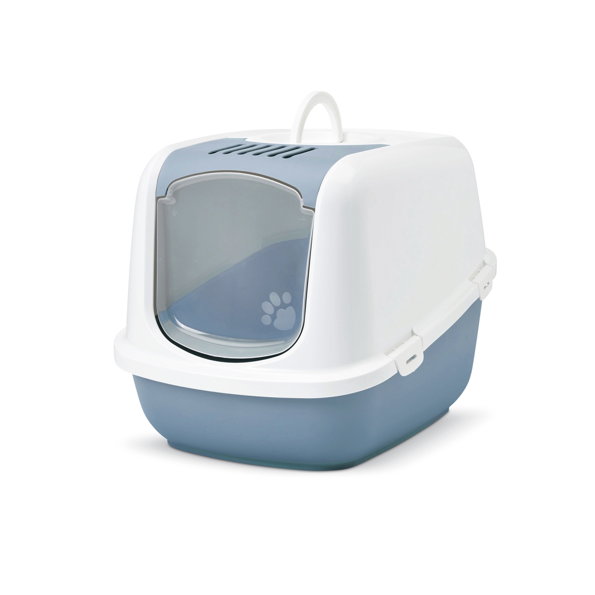 Savic Nestor Jumbo Bluestone large folding front cat litter box with white hood and carbon filter
