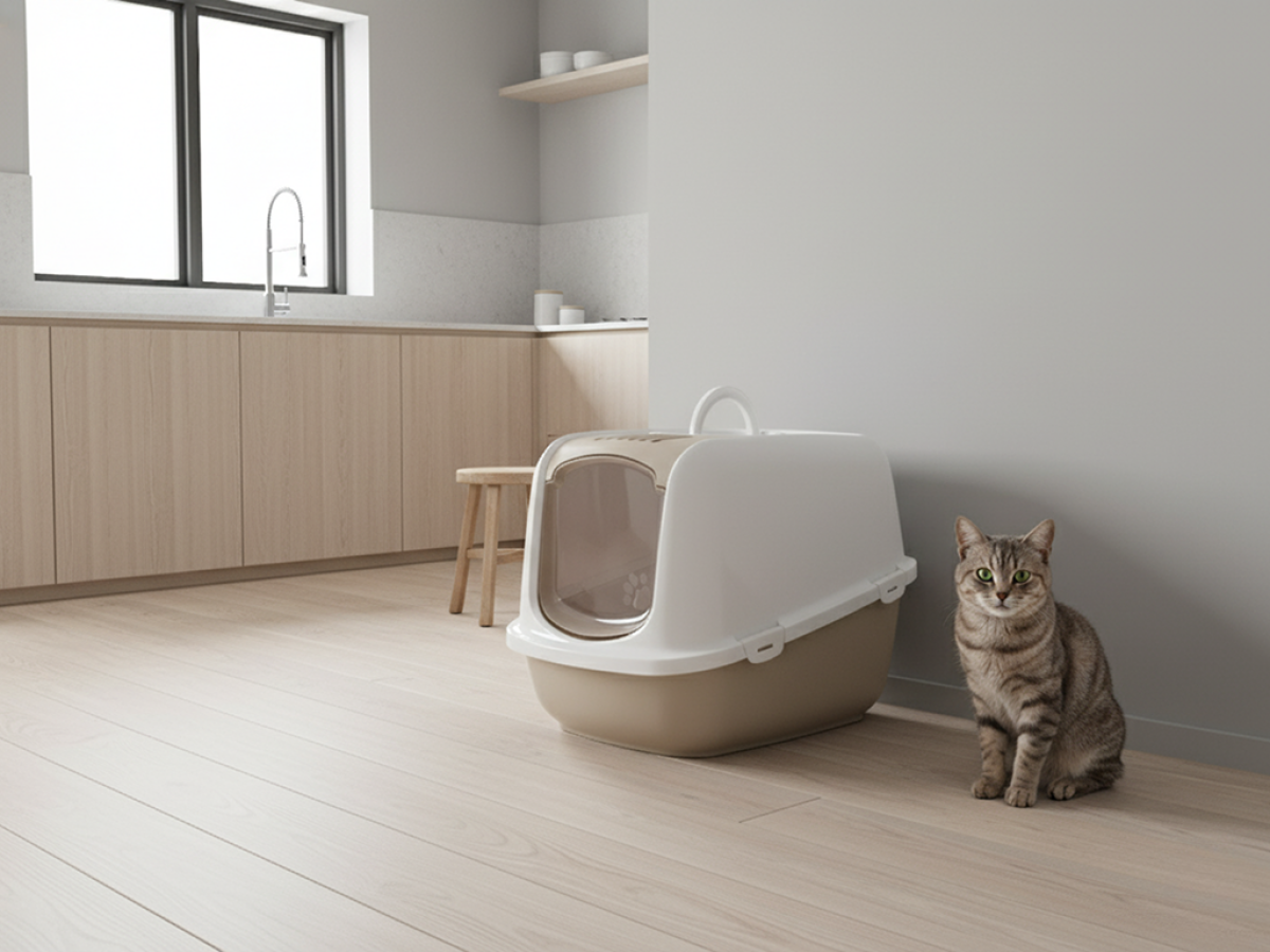 Savic Nestor Jumbo Mocha large folding front cat litter box with white hood and carbon filter with cat in home setting