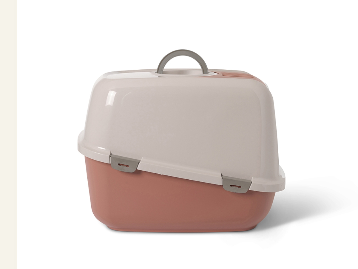 Savic Nestor Jumbo Champagne Pink–Tuscan Red large folding front cat litter box with carbon filter, side view