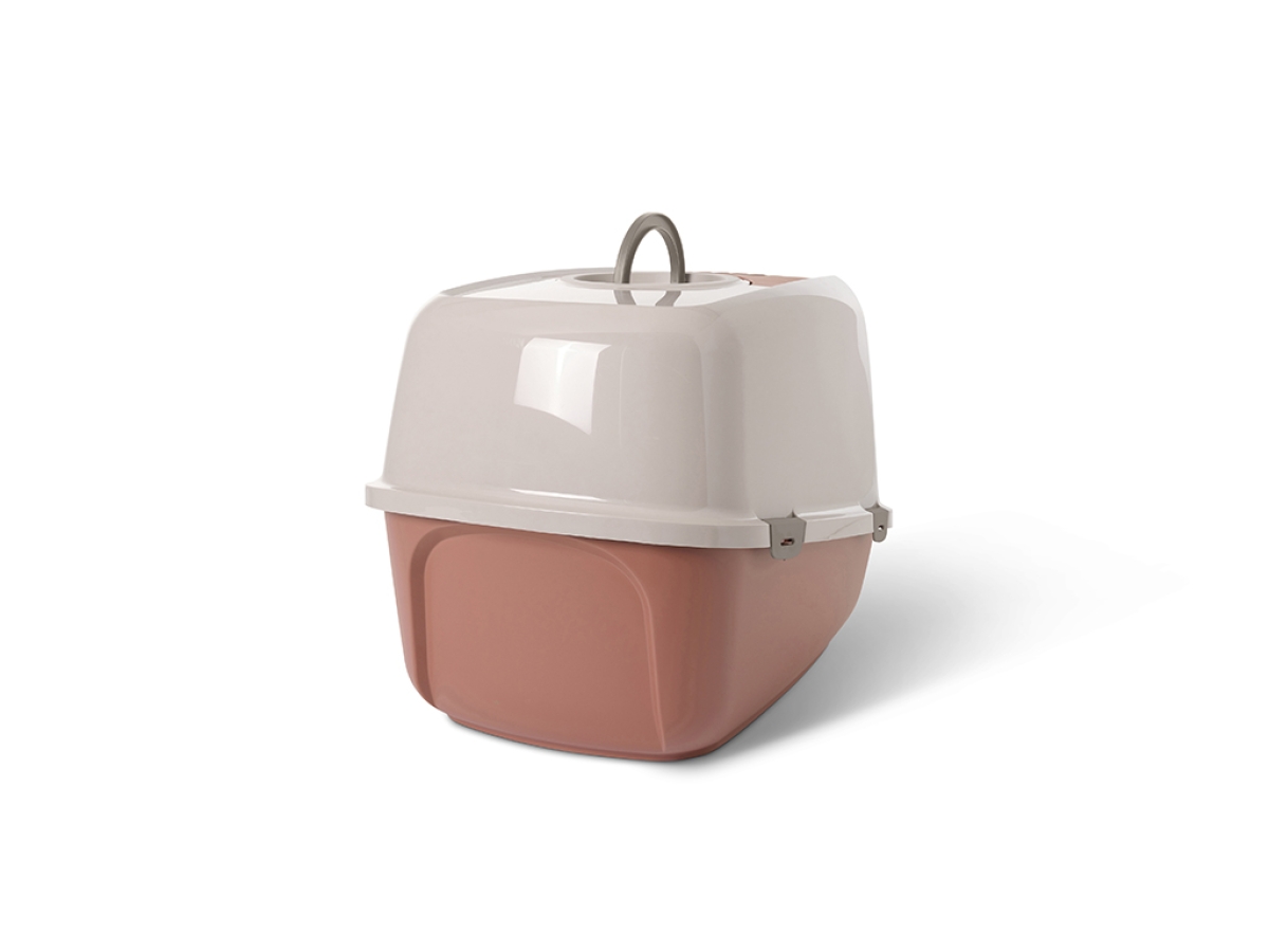 Savic Nestor Jumbo Champagne Pink–Tuscan Red large folding front cat litter box with carbon filter, back view