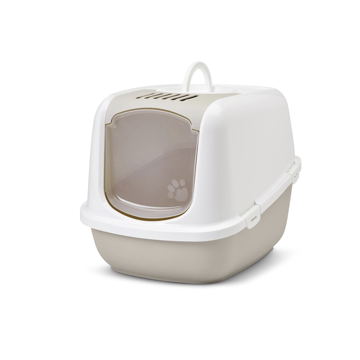 Savic Nestor Jumbo Mocha large folding front cat litter box with white hood and carbon filter