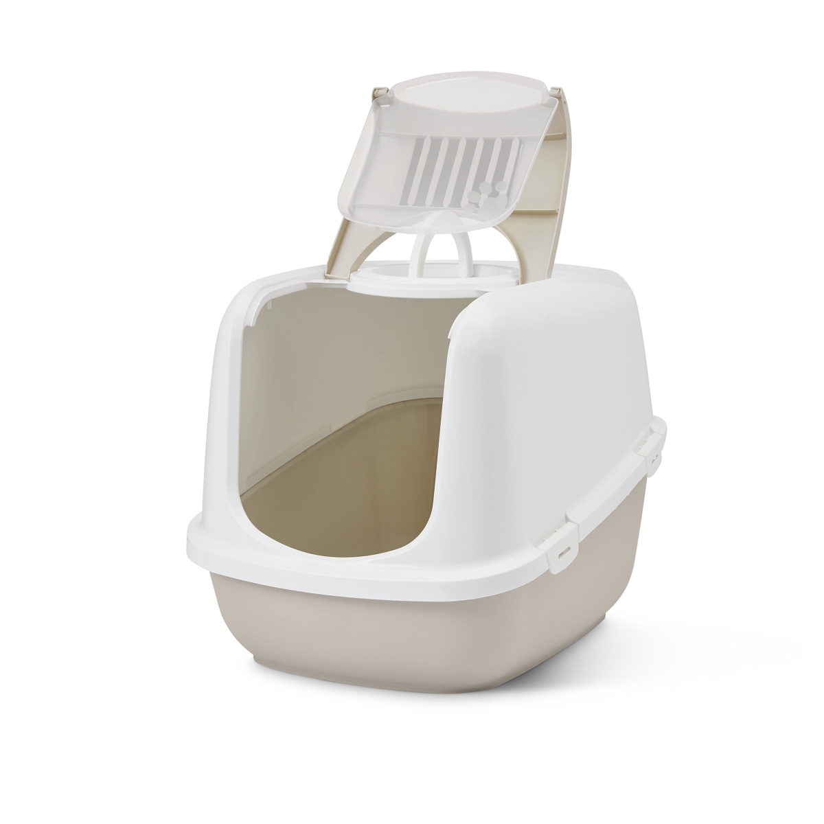 Savic Nestor Jumbo Mocha large folding front cat litter box with white hood and carbon filter, open view