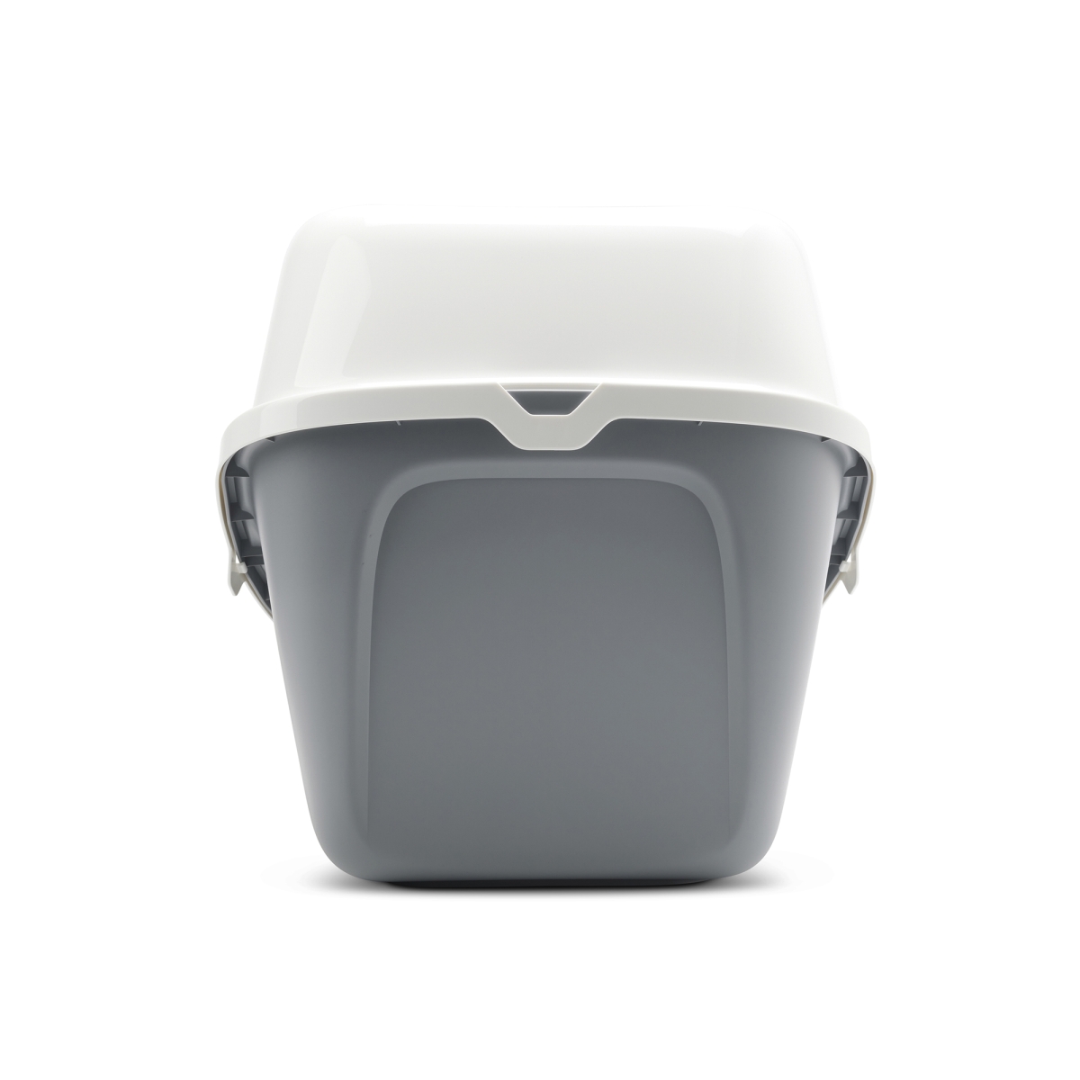 Back view of Savic Nestor Giant Cool Grey extra-large folding front cat litter box with white top and carbon filters