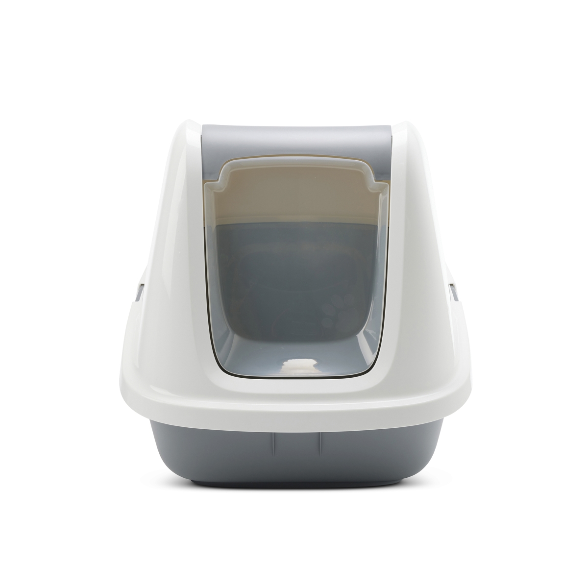 Front view of Savic Nestor Giant Cool Grey extra-large folding front cat litter box with white top and carbon filters