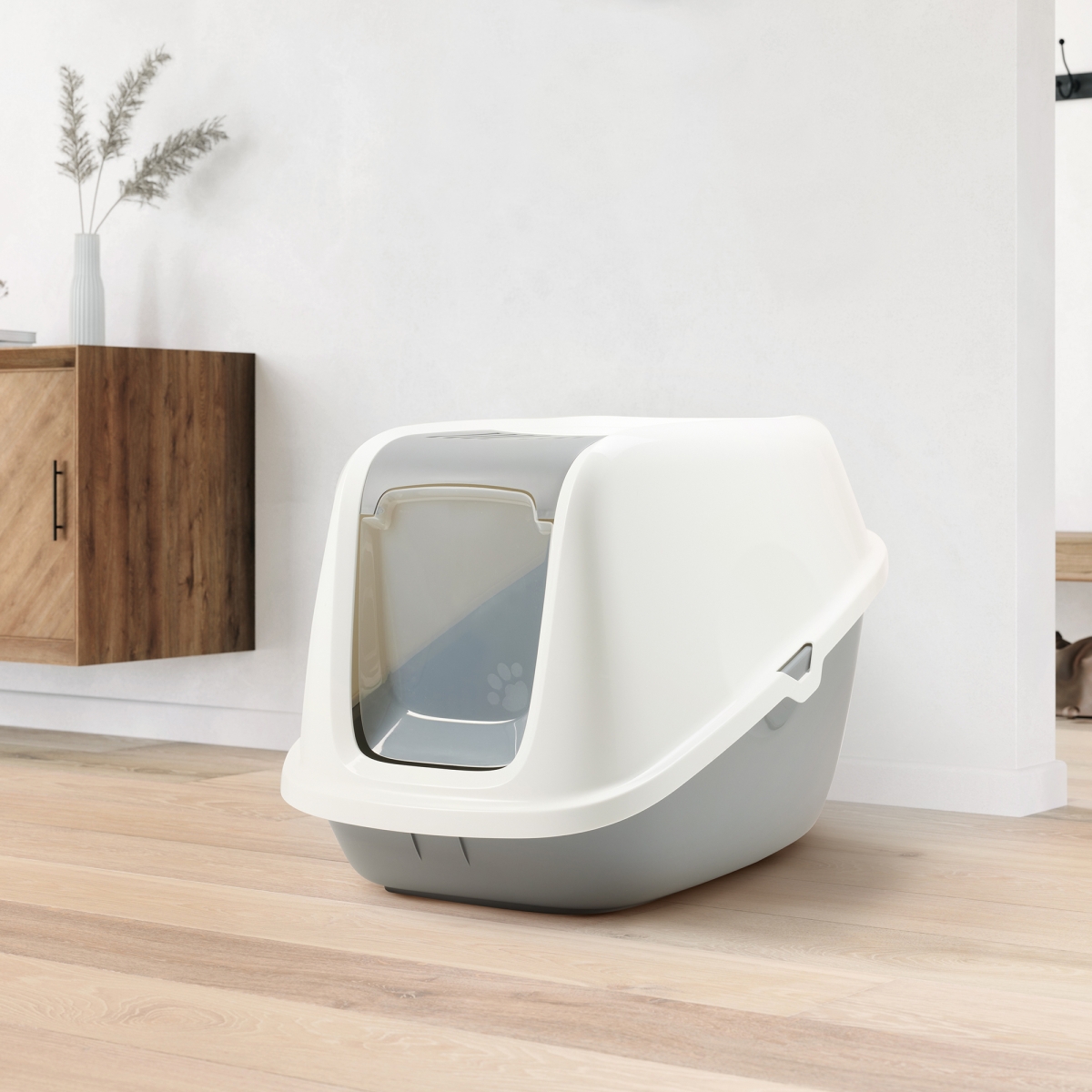 Savic Nestor Giant Cool Grey extra-large folding front cat litter box with white top and carbon filters in home setting