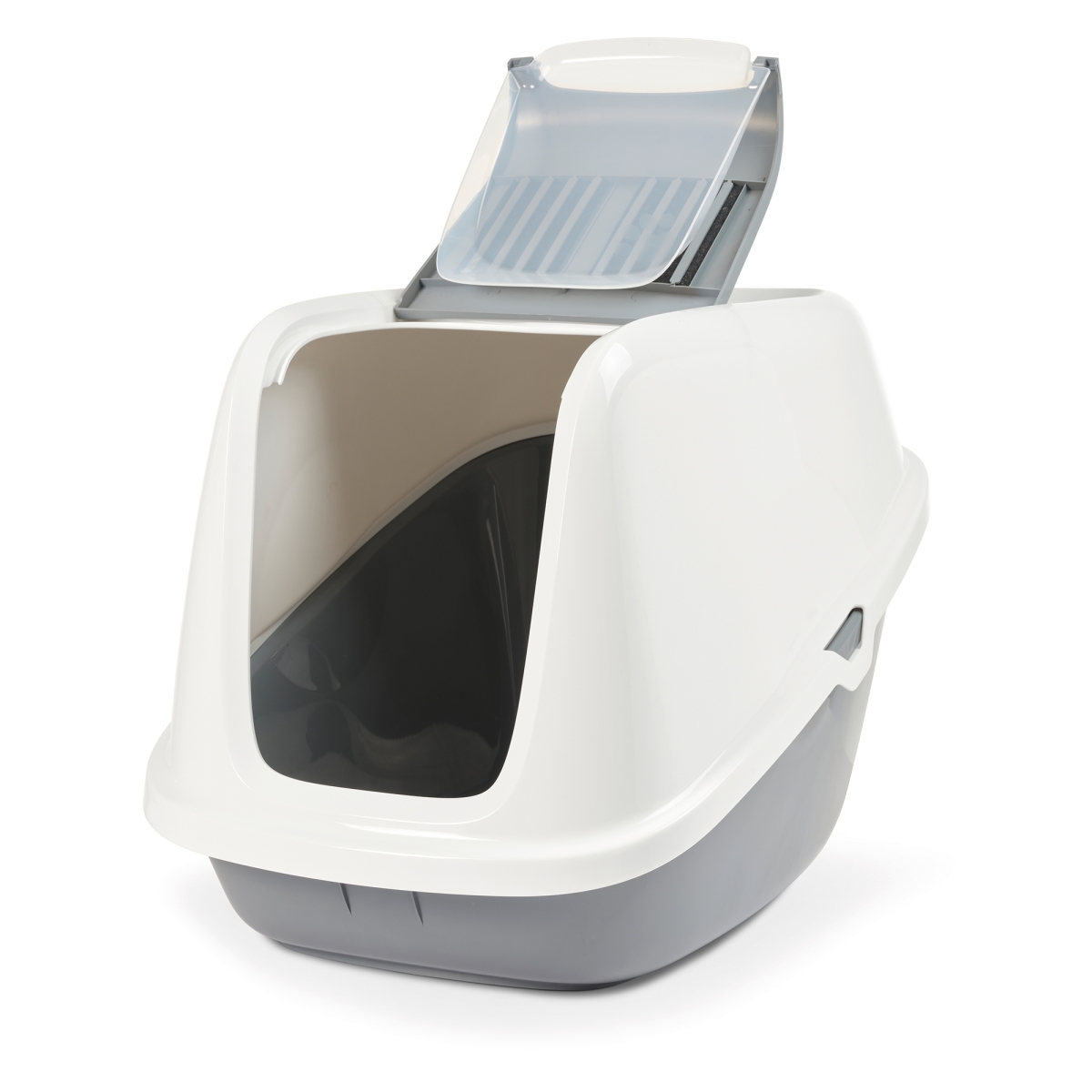 Savic Nestor Giant Cool Grey extra-large folding front cat litter box with white top and carbon filters, foldable front