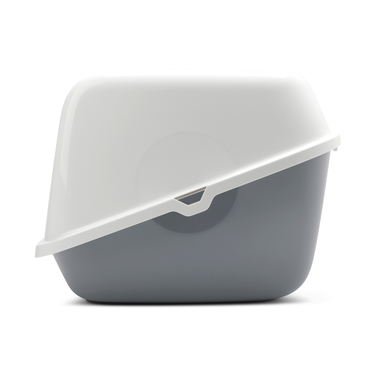 Side view Savic Nestor Giant Cool Grey extra-large folding front cat litter box with white top and carbon filters