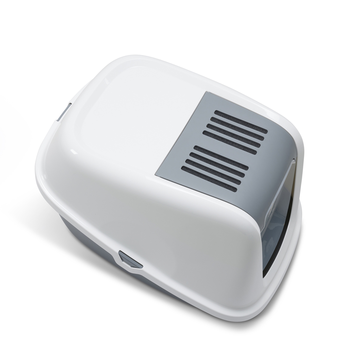 Top view of Savic Nestor Giant Cool Grey extra-large folding front cat litter box with white top and carbon filters