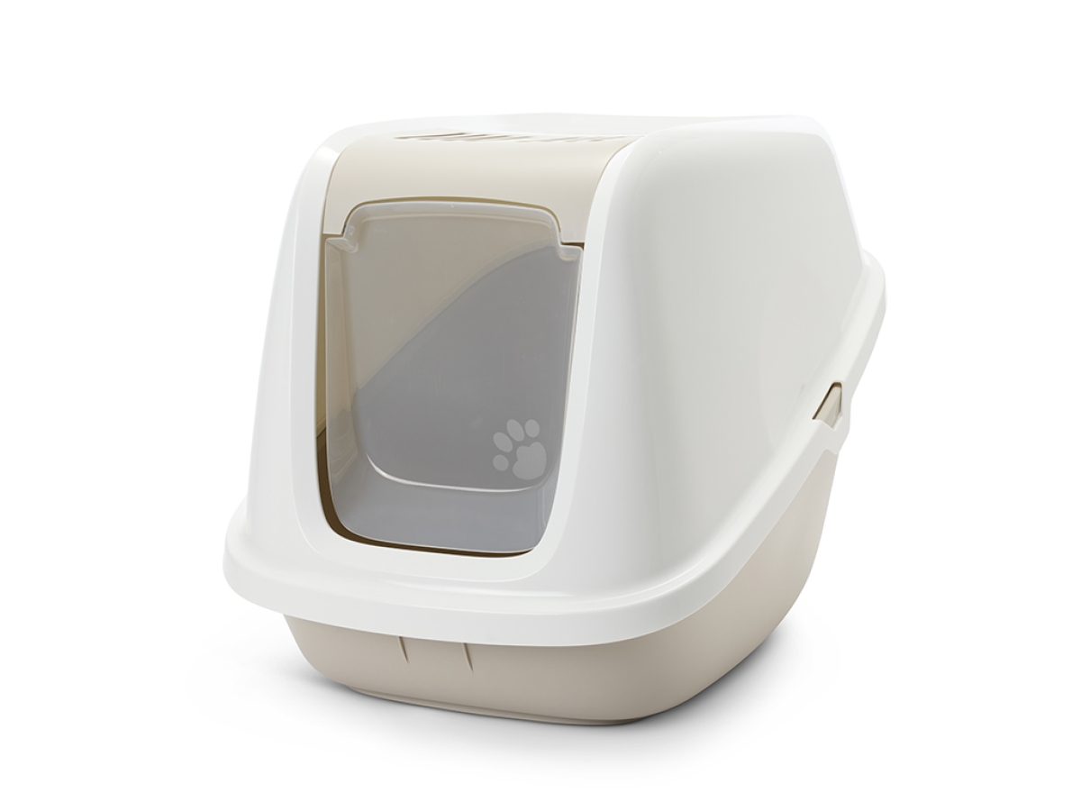 Savic Nestor Giant extra-large cat litter box in white and mocha, swing door, filter compartment lid, 75.5 × 56 × 55.5 cm.
