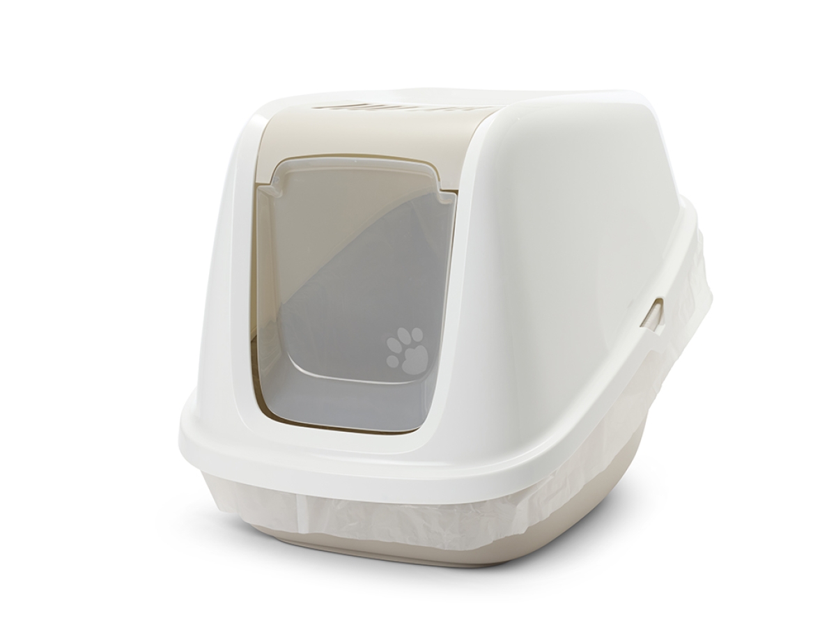 Savic Nestor Giant extra-large cat litter box in white and mocha, swing door, filter compartment lid, 75.5 × 56 × 55.5 cm.