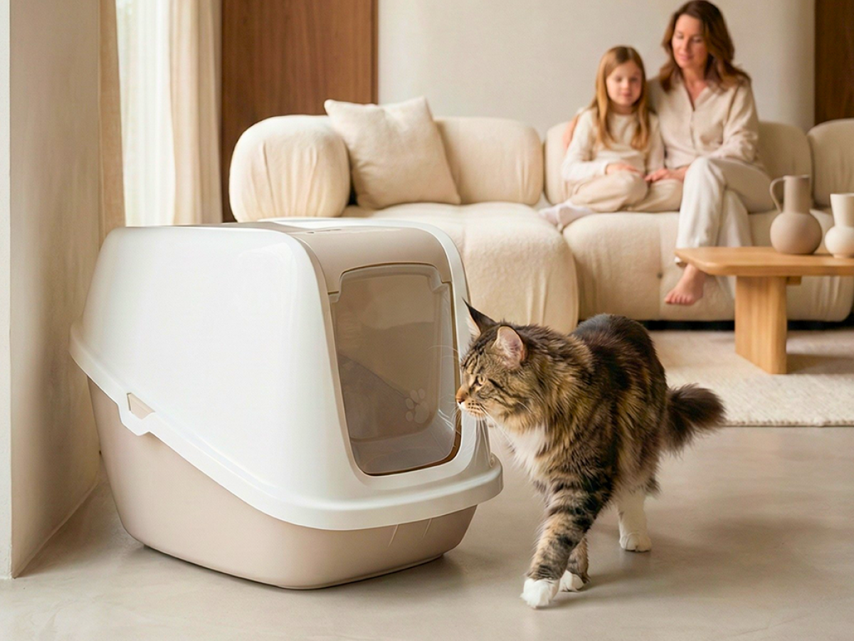 Savic Nestor Giant extra-large cat litter box in white and mocha, swing door, filter compartment lid, 75.5 × 56 × 55.5 cm.