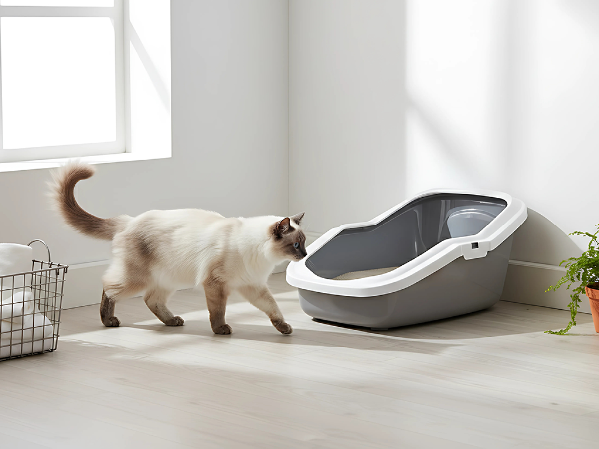 Aseo Cool Grey High-Back Cat Litter Tray – Easy to Clean Savic Aseo Cool Grey high-back cat litter tray with white rim and raised back with cat in home setting