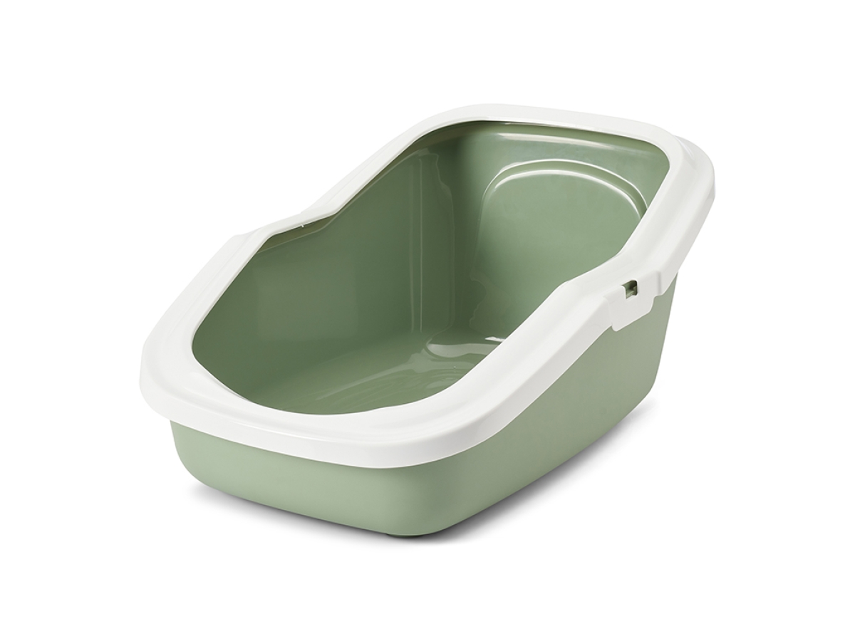 Savic Aseo open cat litter tray in botanical green with white rim. High back wall and low front entry. 56 x 39 x 27.5 cm