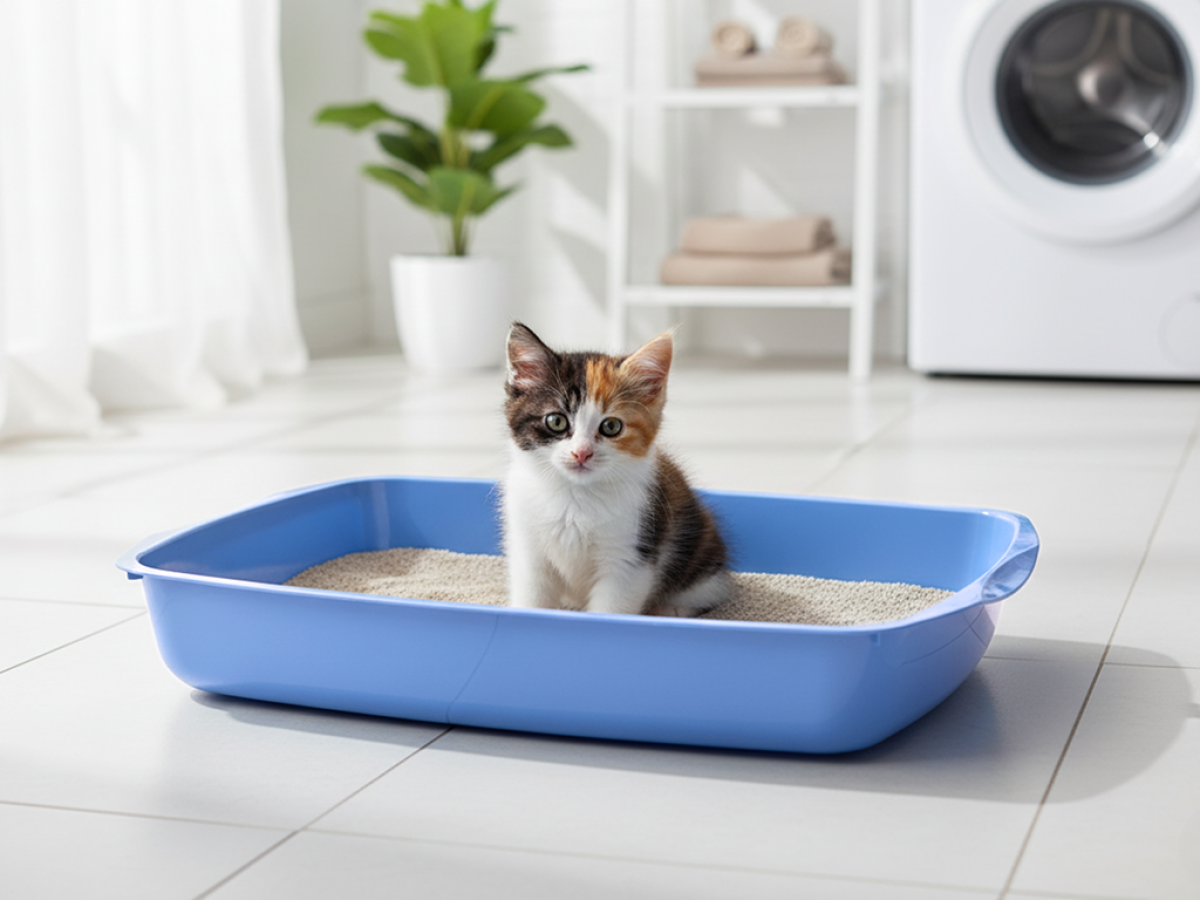 Litter Tray 38 cm – Starter Litter Box for Kittens Savic Litter Tray 38 cm in baby blue – low-entry kitten litter tray for easy toilet training in home setting with kitten sitting in the litter tray