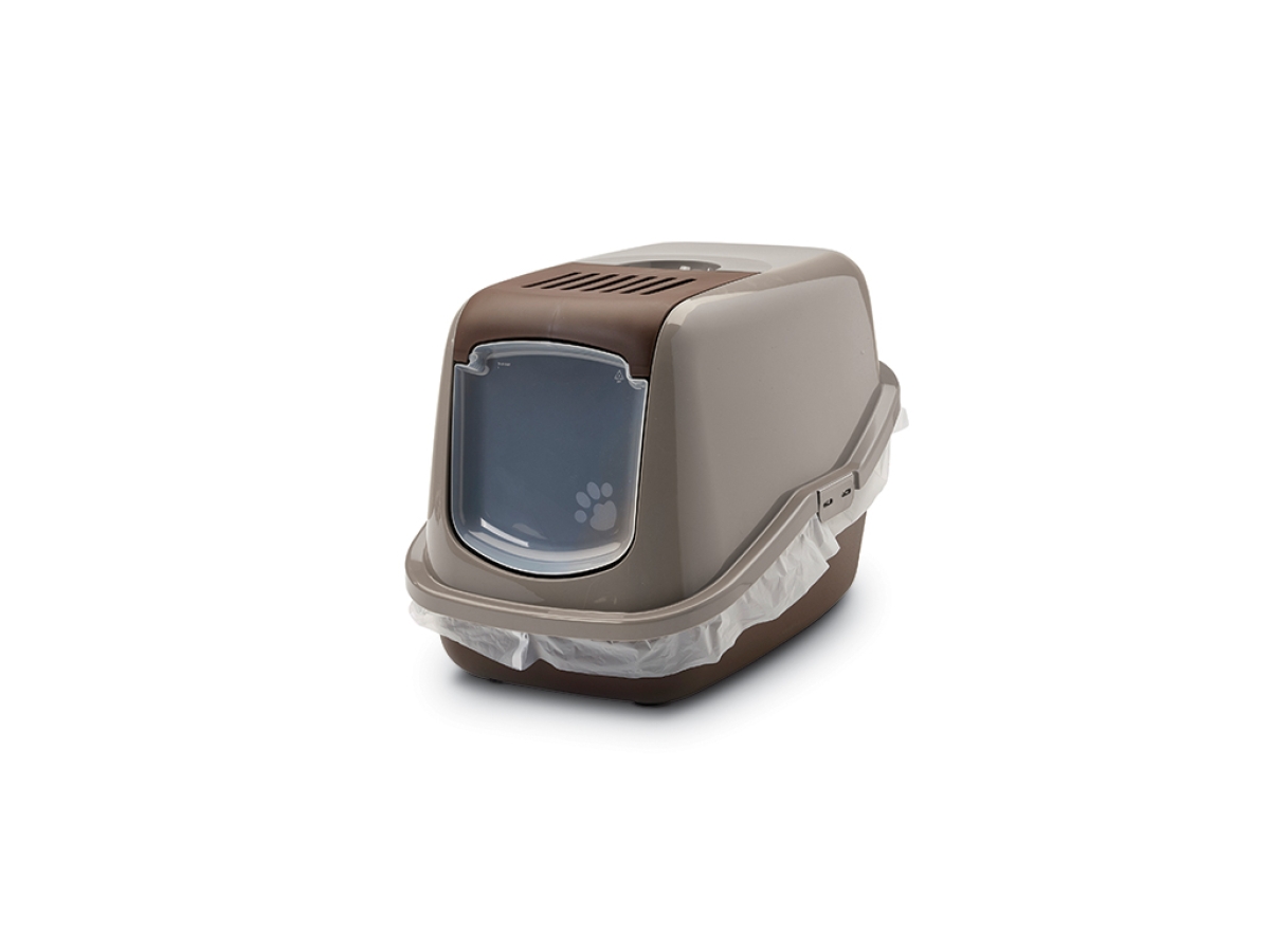 Savic Nestor Warm Grey–Chocolate Brown folding front cat litter box with carbon filter with Bag It Up Maxi liner