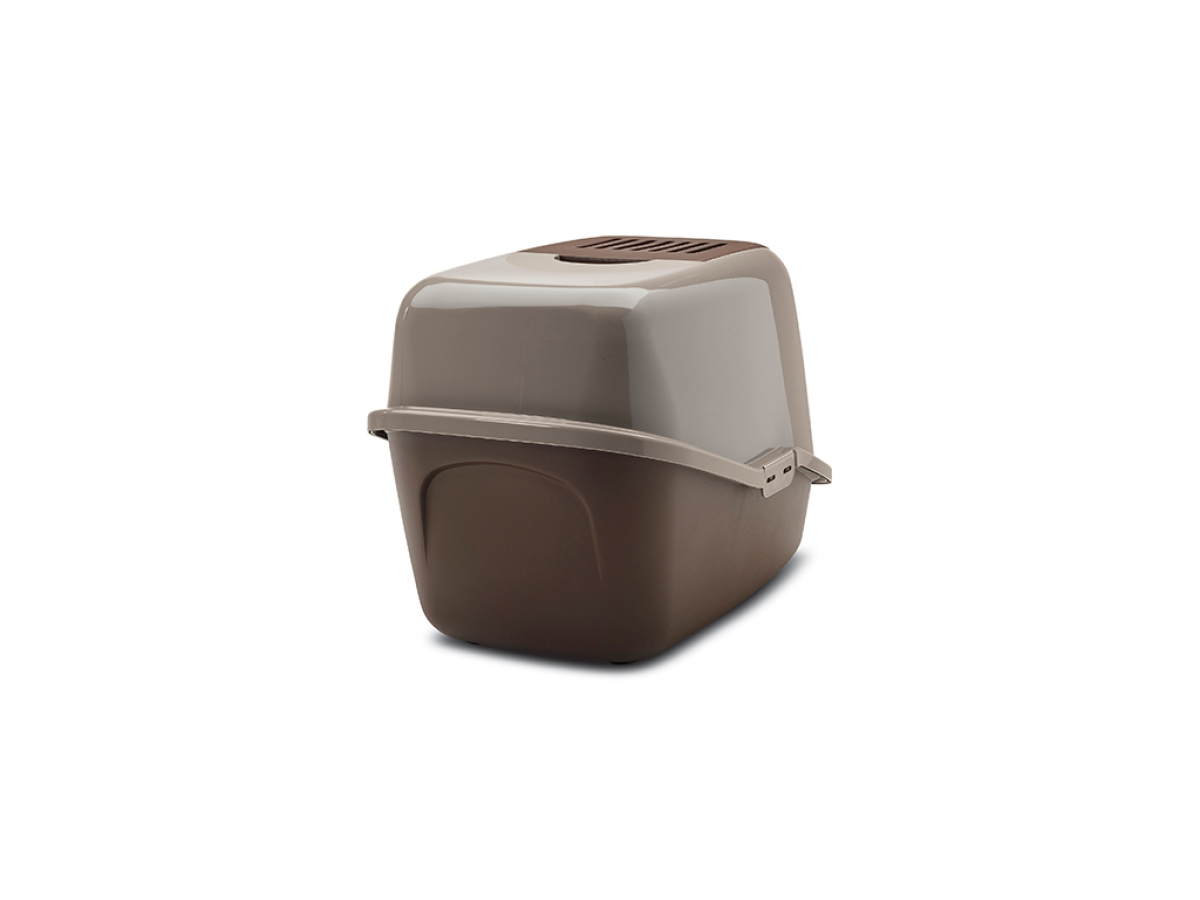 Savic Nestor Warm Grey–Chocolate Brown folding front cat litter box with carbon filter back view
