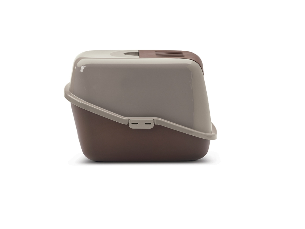Savic Nestor Warm Grey–Chocolate Brown folding front cat litter box with carbon filter, side view