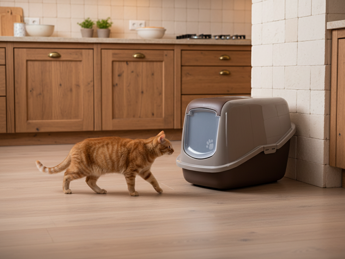 Savic Nestor Warm Grey–Chocolate Brown folding front cat litter box with carbon filter in home setting