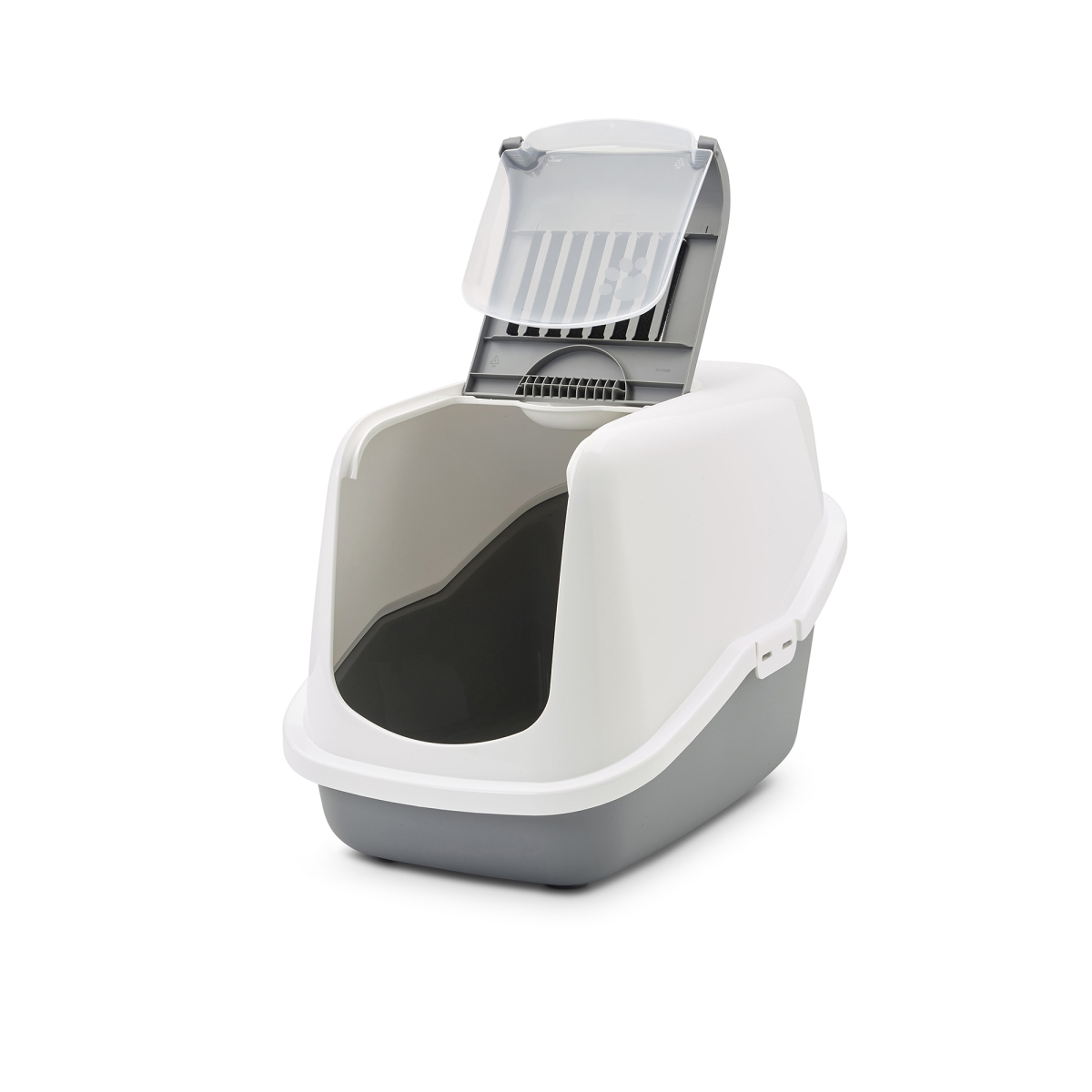 : Savic Nestor Cool Grey folding front cat litter box with white hood and carbon, open front