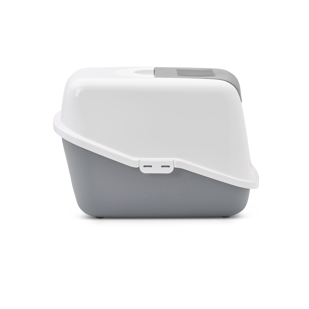 : Savic Nestor Cool Grey folding front cat litter box with white hood and carbon side view