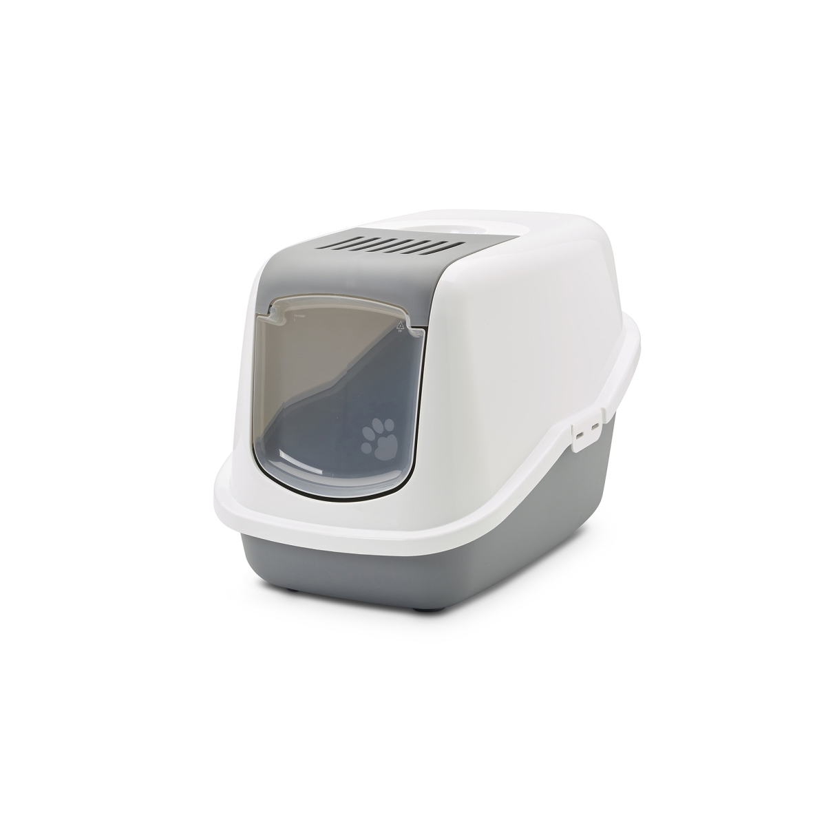 : Savic Nestor Cool Grey folding front cat litter box with white hood and carbon