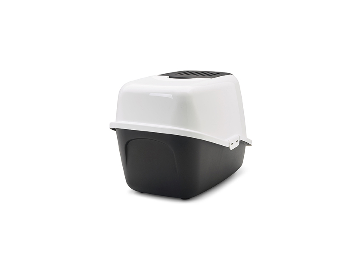 Savic Nestor Black folding front cat litter box with white hood and carbon filter, back view