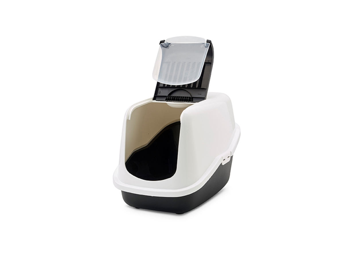 Savic Nestor Black folding front cat litter box with white hood and carbon filter, open front