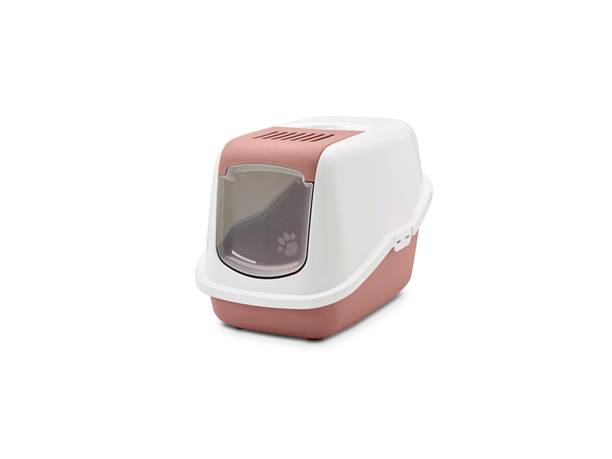 Savic Nestor Ash Rose cat litter box with white hood and carbon filter.