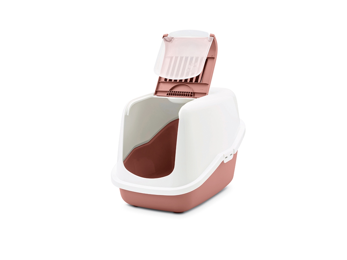 Savic Nestor Ash Rose cat litter box with white hood and carbon filter open front